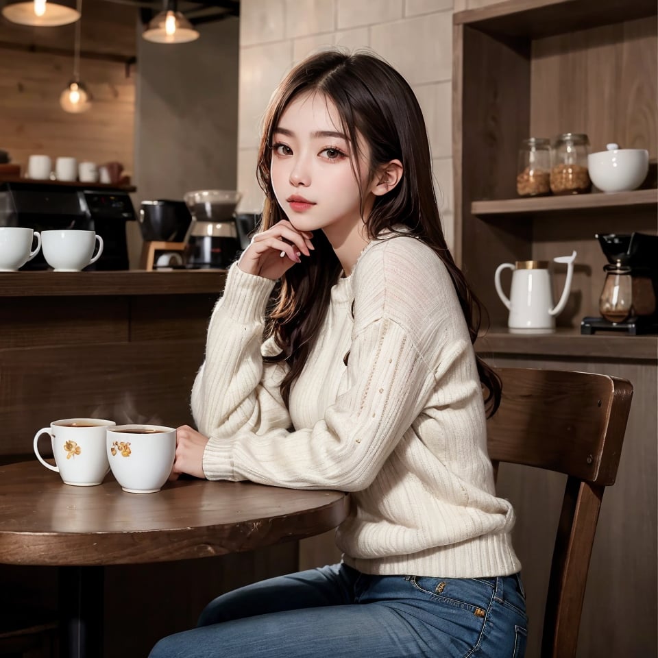 (8k, highest quality, ultra detailed:1.37), (Hana), 18yo, (a beautiful South Korean college girl), finds solace and relaxation in a cozy coffee shop. She dresses comfortably in a stylish sweater and jeans, savoring a warm cup of coffee. The high-resolution image captures ultra-detailed realism, emphasizing Hana's captivating eyes, flawless complexion, and peaceful expression as she enjoys her quiet retreat. The warm and inviting atmosphere of the coffee shop creates a visually appealing representation of Hana's tranquil moment and appreciation for simple pleasures.