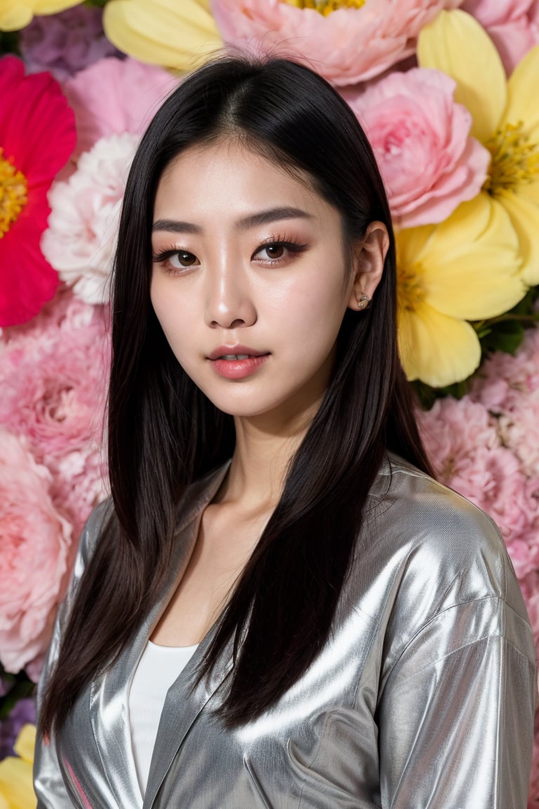 (8k, highest quality, ultra detailed:1.37), (Hana), 18yo, (a South Korean beauty influencer), collaborates with a renowned cosmetics brand for a vibrant campaign. Dressed in a stylish outfit that complements the colorful makeup, Hana exudes confidence and beauty. The high-resolution image captures ultra-detailed realism, highlighting Hana's captivating eyes, flawless complexion, and trendy hairstyle. The vibrant and eye-catching backdrop enhances the overall visual appeal, showcasing Hana's expertise in the beauty industry.