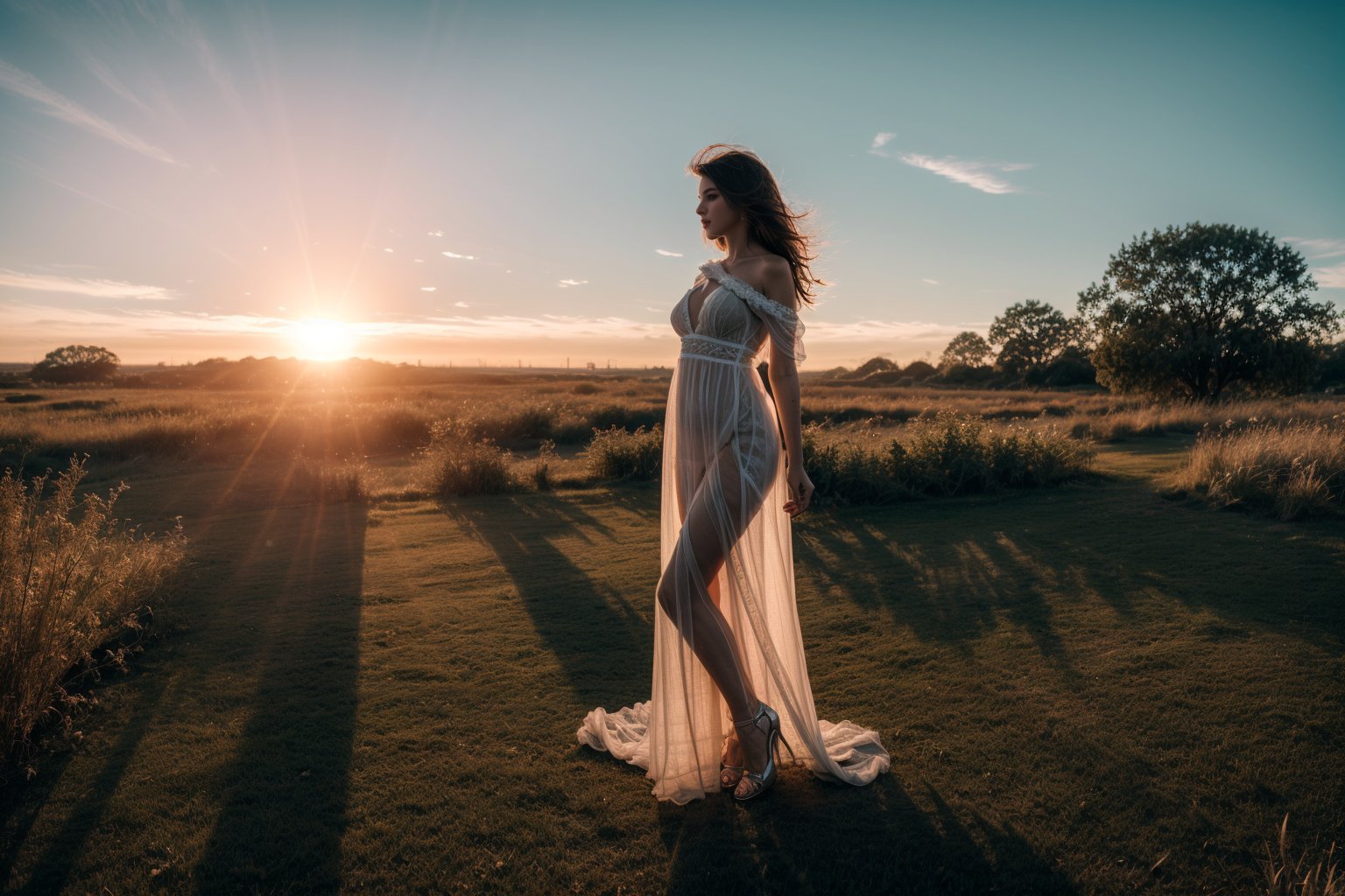 ((Full-Body)), 1female hot model, black hair, wearing ((a white youth dress)), full detail, perfect viewpoint, highly detailed, wide-angle lens, hyper realistic, with dramatic sky, polarizing filter, natural lighting, vivid colors, sunset,Perfect Sun Lighting