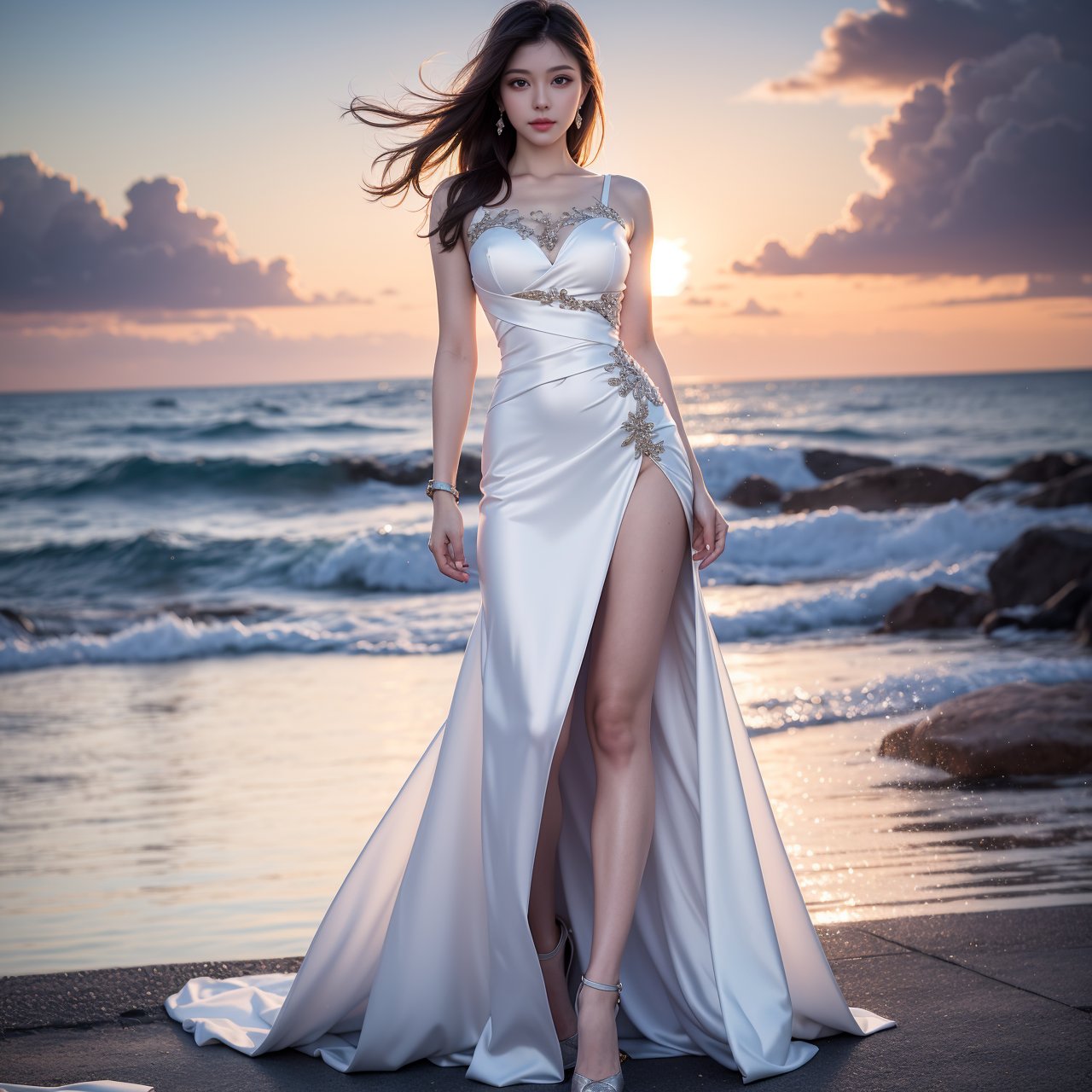 ((Full-Body)), 1female hot model, black hair, wearing ((a white youth elegant daily dress)), full detail, perfect viewpoint, highly detailed, wide-angle lens, hyper realistic, with dramatic sky, polarizing filter, natural lighting, vivid colors, sunset,