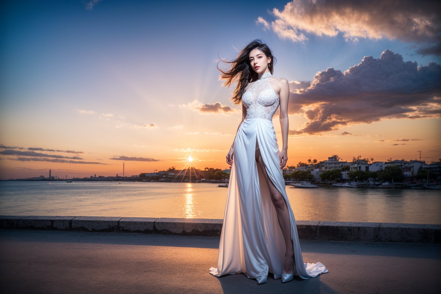 ((Full-Body)), 1female hot model, black hair, wearing ((a white youth dress)), full detail, perfect viewpoint, highly detailed, wide-angle lens, hyper realistic, with dramatic sky, polarizing filter, natural lighting, vivid colors, sunset,