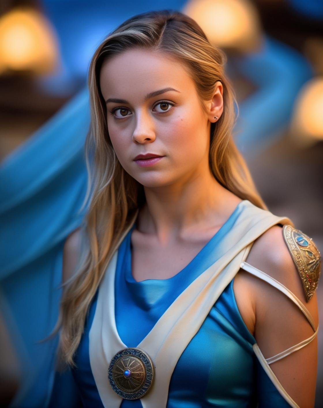 BrieLarson, photograph, Mannerism Art, Adorable Syrian Female, wearing Labyrinthine costume, at Blue hour, Phase One XF IQ4 150MP, telephoto lens, Muted Colors, League of Legends Splash Art, art by Alberto Magnelli,art by Don Bergland,  <lora:BrieLarsonSDXL:1>