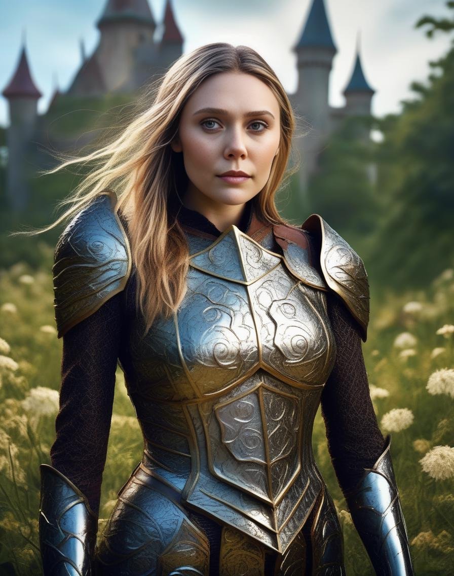 ElizabethOlsen, art by Stan Lee, photograph, best quality, Imaginative [New Wave:Elvish:4] (Woman:1.2) wearing knight metal suit with Straw details, fantasy, castle, spring vegetation, shield, knightcore, Dazzling hair styled as Short and messy, equirectangular 360, Peaceful, Canon 5d mark 4, 800mm lens, photolab, 8K,  <lora:ElizabethOlsenSDXL:1>