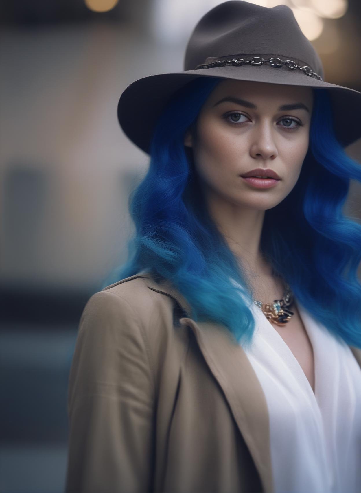 OlgaKostyantynivnaKurylenko,<lora:OlgaKostyantynivnaKurylenkoSDXL:1>,Realistic photo of a beautiful woman, 1girl, solo, long hair, hat, jewelry, blue hair, jacket, multicolored hair, necklace, bracelet, lips, realistic, fashion, soft lighting, professional Photography, Photorealistic, detailed, RAW, analog, sharp focus, 8k, HD, DSLR, high quality, Fujifilm XT3, film grain, award winning, masterpiece