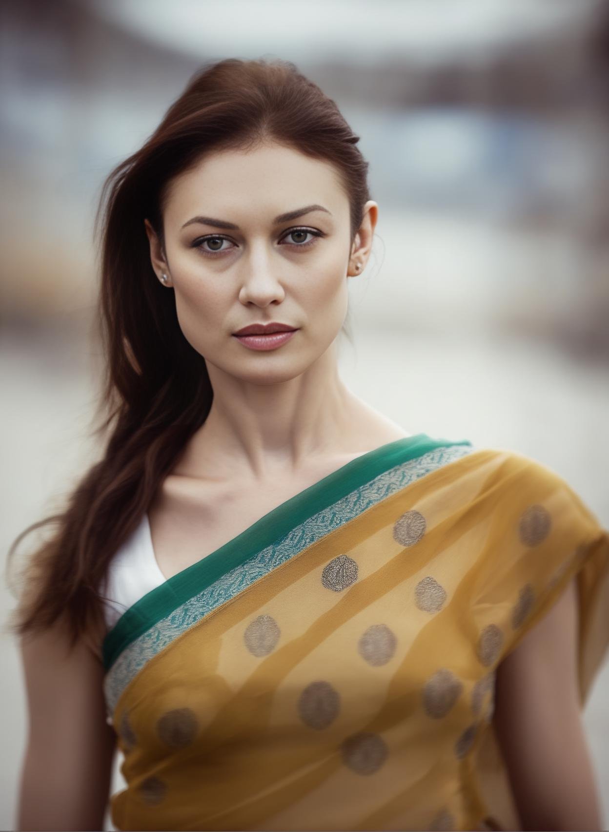 OlgaKostyantynivnaKurylenko,<lora:OlgaKostyantynivnaKurylenkoSDXL:1>,woman wearing saree, background blur, portrait