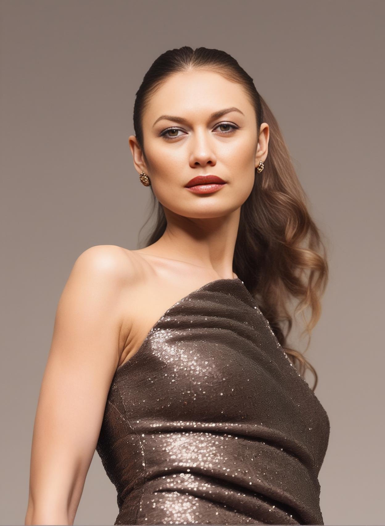 OlgaKostyantynivnaKurylenko,<lora:OlgaKostyantynivnaKurylenkoSDXL:1>The image features a beautiful woman wearing a dark grey sequin dress, which is adorned with bronze sequins. She is posing for the camera, with her hand on her chin, lipstick, and her long hair is styled in a ponytail. The woman appears to be confident and poised, showcasing her elegant attire and striking appearance.