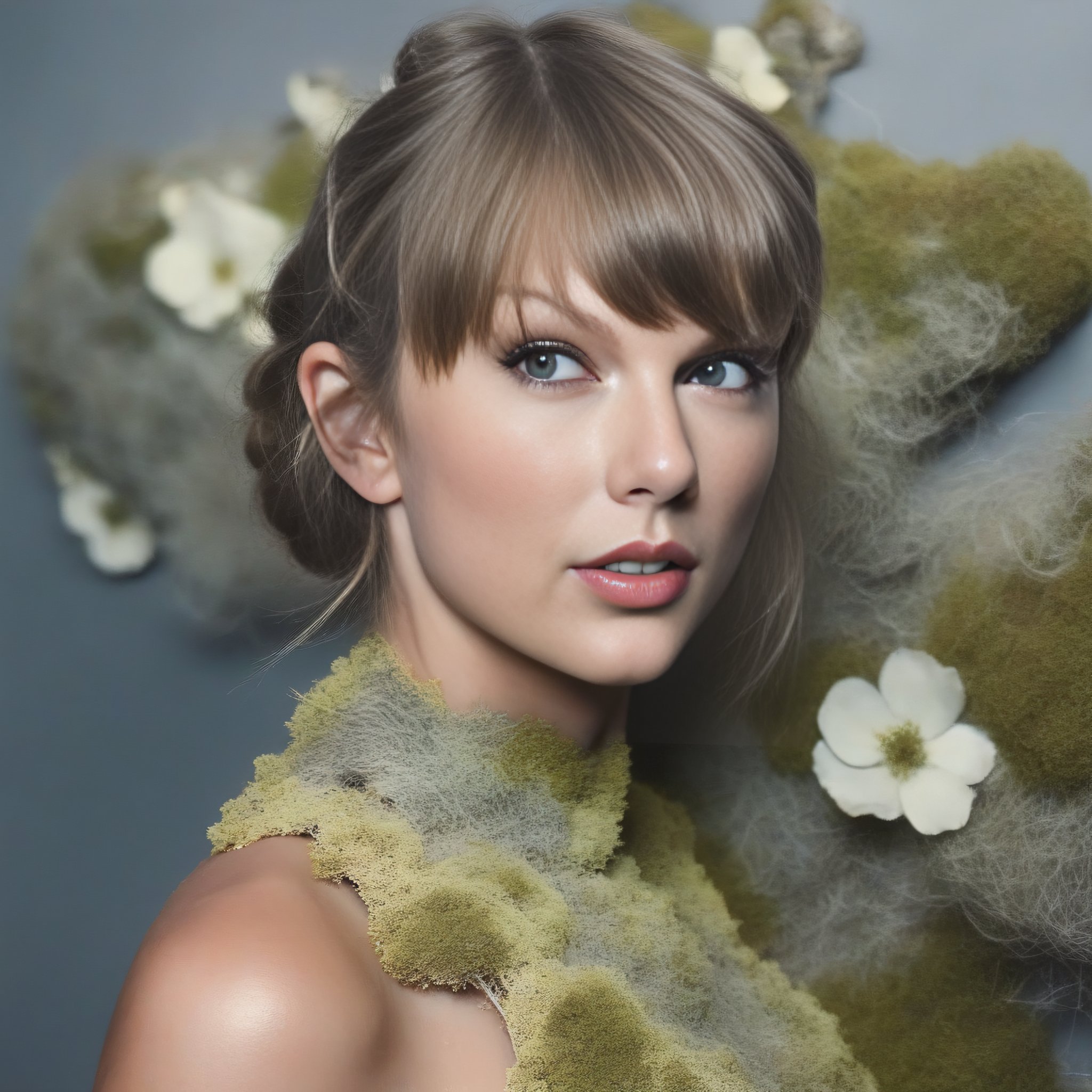 TaylorSwift, photograph, overhead angle of a voluptuous Berber Female, Robotic hair, Low bun hairstyle, blossoms with Lichen, Smoky Conditions, studio lighting, film grain, Sony A9 II, F/2.8, moody,  <lora:TaylorSwiftSDXL:1>