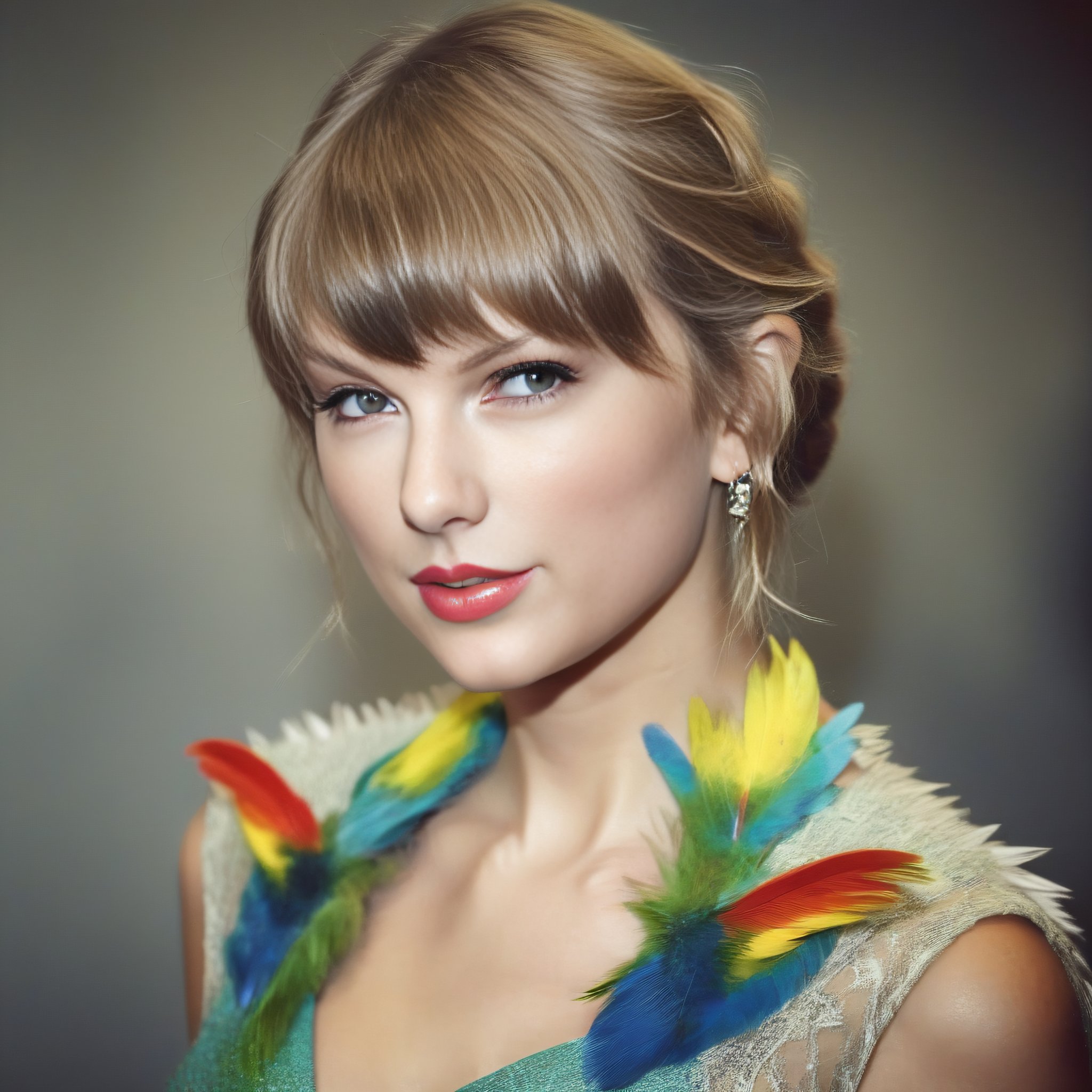 TaylorSwift, photograph, Unexpected [1960'S|Natural] large Girl, wearing Parrot-style Chausses, Artistic Short and spiky hairstyle, tilt shift, film grain, Canon RF, 35mm, Desaturated, Elegant,  <lora:TaylorSwiftSDXL:1>