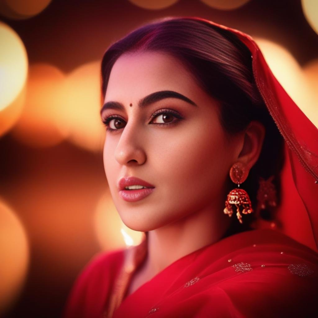 cinematic film still (SaraAliKhan) , photograph, Atmospheric, Cluttered Woman, Tai chi, Digital Age hairstyle, Cloak, Lip gloss, Circlet, Red giant background, at Overcast, Bokeh, 50s Art, film grain, Iphone X, 50mm, glimmering transformation, sfumato,  <lora:SaraAliKhanSDXL:1> . shallow depth of field, vignette, highly detailed, high budget, bokeh, cinemascope, moody, epic, gorgeous, film grain, grainy