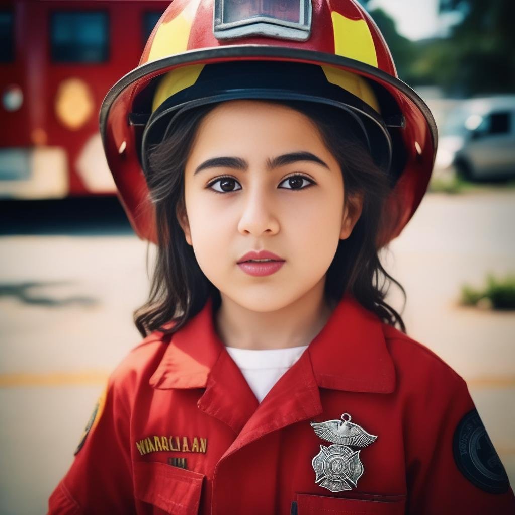 (SaraAliKhan) <lora:SaraAliKhanSDXL:1> ,  photograph, medium close-up shot of a Tiny Classical Girl, Firefighter, wearing Impassioned Pangden, Realistic, Villagecore, film grain, Canon EF, 35mm, (art by Ross Tran:1.3) 