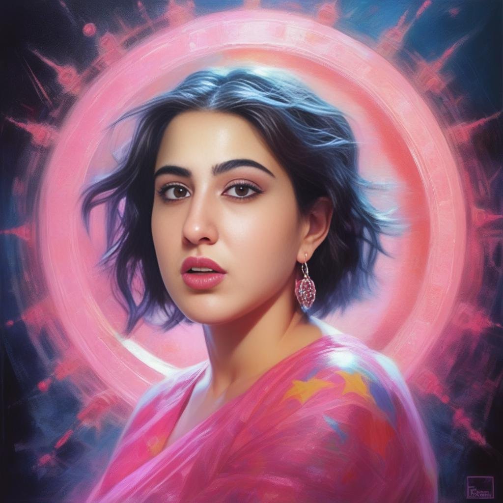 (SaraAliKhan) <lora:SaraAliKhanSDXL:1> , art by Donato Giancola,art by Ross Tran, photograph, Magnificent plump (Girl:1.2) of Cleansing, Campaigning for a cause, Trendy hair, Sleek Short hairstyle, Acid colors Large DayGlo pink Eyes, Snowing, Overdetailed art, Direct light, film grain, Sony A7, Circular polarizer, multidimensional