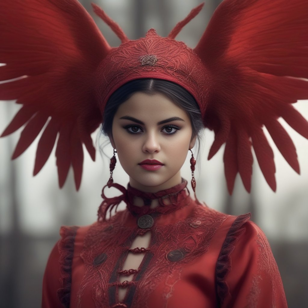 SelenaGomez, digital art, Slimy Folk Female, wearing Ultrarealistic Belarusian Crimson costume, Hazy conditions, deep focus, Peaceful, specular lighting, Depth of field 100mm, "Three little birds, pitch by my doorstep.",  <lora:SelenaGomezSDXL:1>