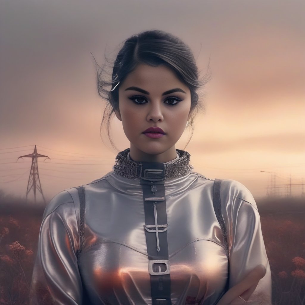 SelenaGomez, painting, Cold Woman, Legal assistant, wearing Fiberglass clothes with [Field of flowers|Tesla] accessories, at Sunset, Desaturated, ethereal magical atmosphere,  <lora:SelenaGomezSDXL:1>