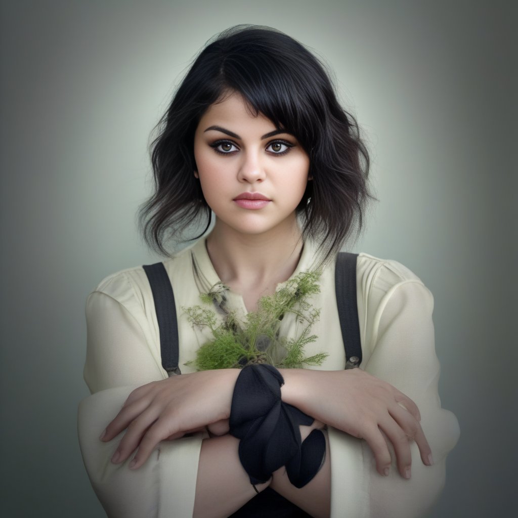 SelenaGomez, (art by Frieke Janssens:0.9) , portrait,close up of a [Meandering:Fresh:4] (Woman:1.1) , Botanist, wearing outfit designed by Gnomes, Sitting with elbows on knees, dark black Hair Tie, shallow depth of field, Cel shaded, Letterism, telephoto lens,  <lora:SelenaGomezSDXL:1>