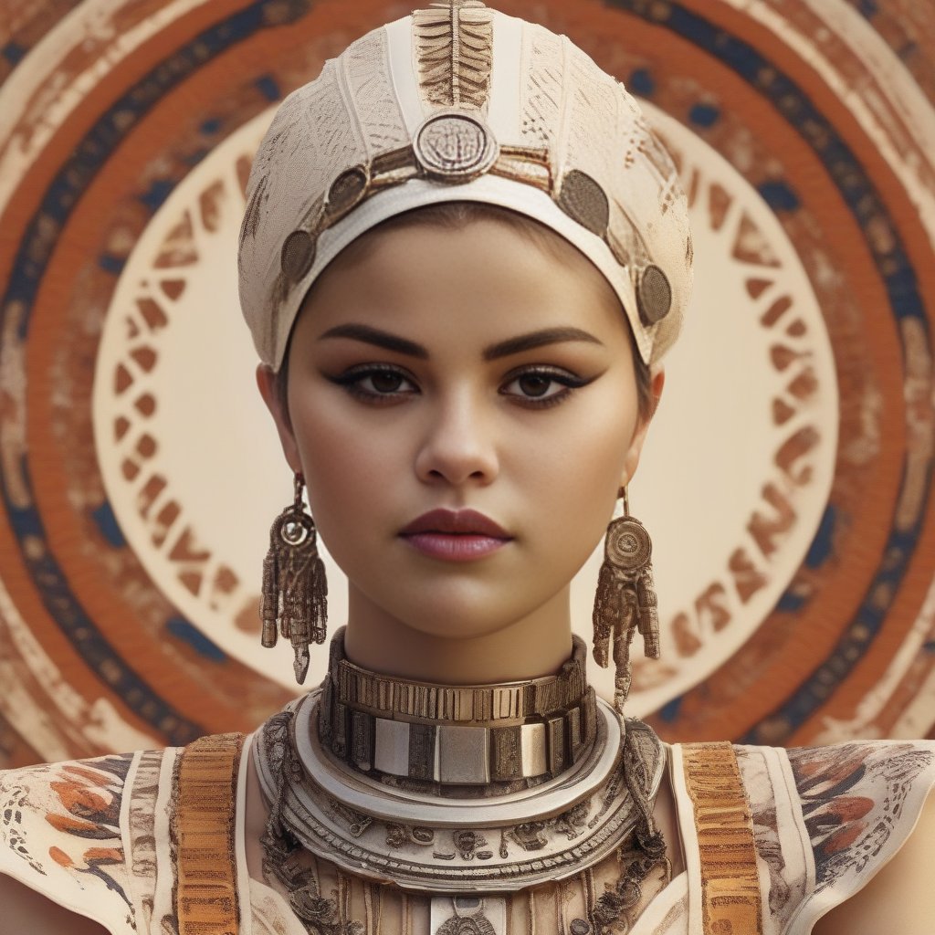 SelenaGomez, portrait, behance,close up of a Hyperdetailed Dystopian Tribal Woman, Campaigning for a cause, wearing Familiar Nigerian Ivory Vivid Victorian clothing, Sunny, F/8, Polychromatic, art by Bojan Jevtic,art by Chie Yoshii,  <lora:SelenaGomezSDXL:1>