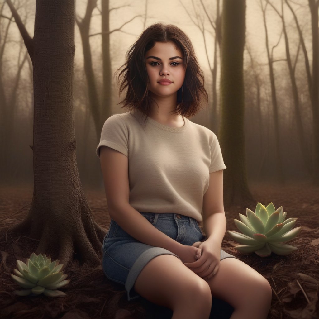 SelenaGomez, (art by Dan Witz:1.2) , digital art, woods with Succulent, knee level shot of a Illuminating large Female, Spring, soft focus, Smiling, Bimbocore, spotlight, L USM,  <lora:SelenaGomezSDXL:1>