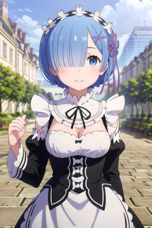 (((pixel-perfect, detail-perfect))), solo, 1girl,  <lora:rem-rezero-01:0.8>, rem, roswaal mansion maid uniform, maid headdress, looking at viewer, smile