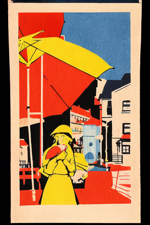 Girl huddled under her open red umbrella in a rainy English seaside town street, triadic colors, masterpiece, VSML, Vintage Print Graphics, 1945, 1918