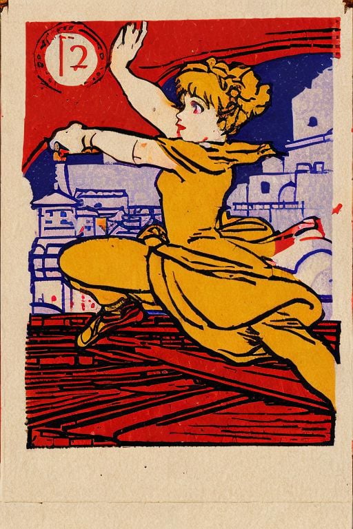 The Ballerina, a detailed Matchbox Label. Red, yellow and dark navy, triadic colors, Toulouse Lautrec core, anime vibes, VSML,