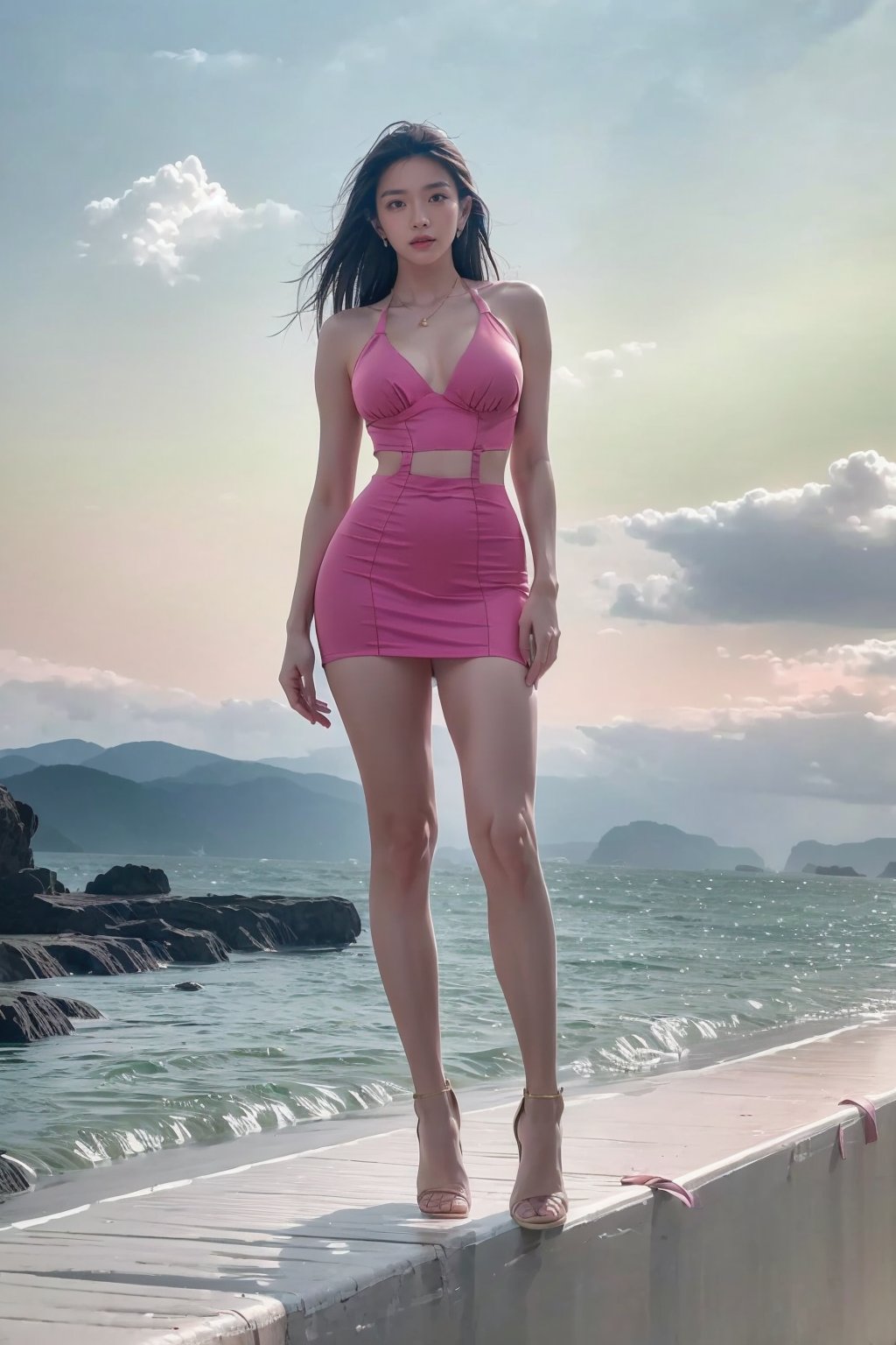 ((Full-Body Shot)), long shot scenic professional photograph in corporate style. 1female hot model, wearing ((green-pink elegant and sexy clothes)), full detail, perfect viewpoint, highly detailed, wide-angle lens, hyper realistic, with dramatic sky, polarizing filter, natural lighting, vivid colors, early morning sunlight, everything in sharp focus,Ani_Uni,Enhance,Nice legs and hot body,Wonder of Art and Beauty,Golden Inspiration