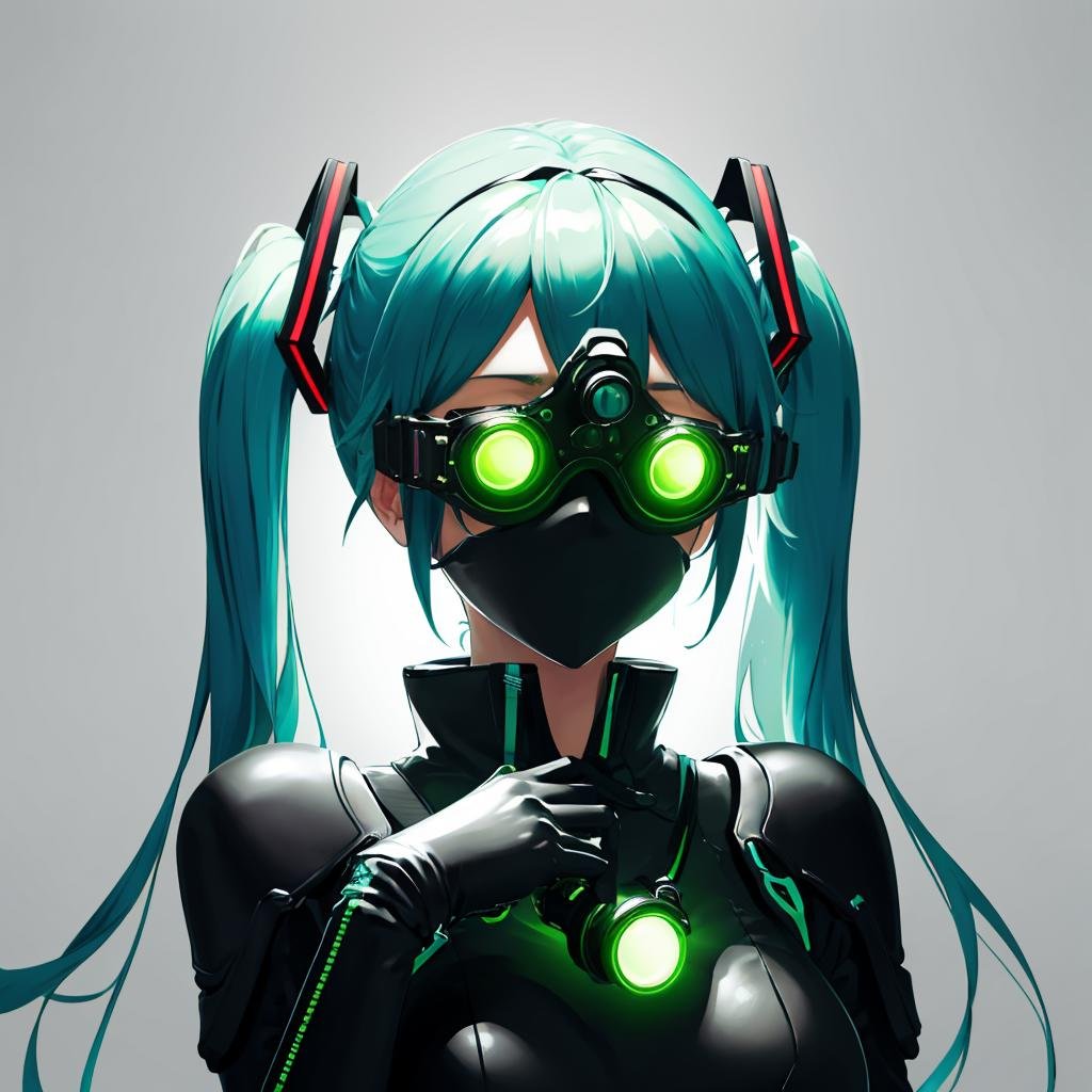 nvg, goggles on head, goggles, green eyes, glowing, mouth mask, mask, glowing eyes, simple background, 1girl, hatsune miku, medium breasts, long hair, solo, ((upper body, face and shoulder portait)), <lora:NVG-10:0.8>