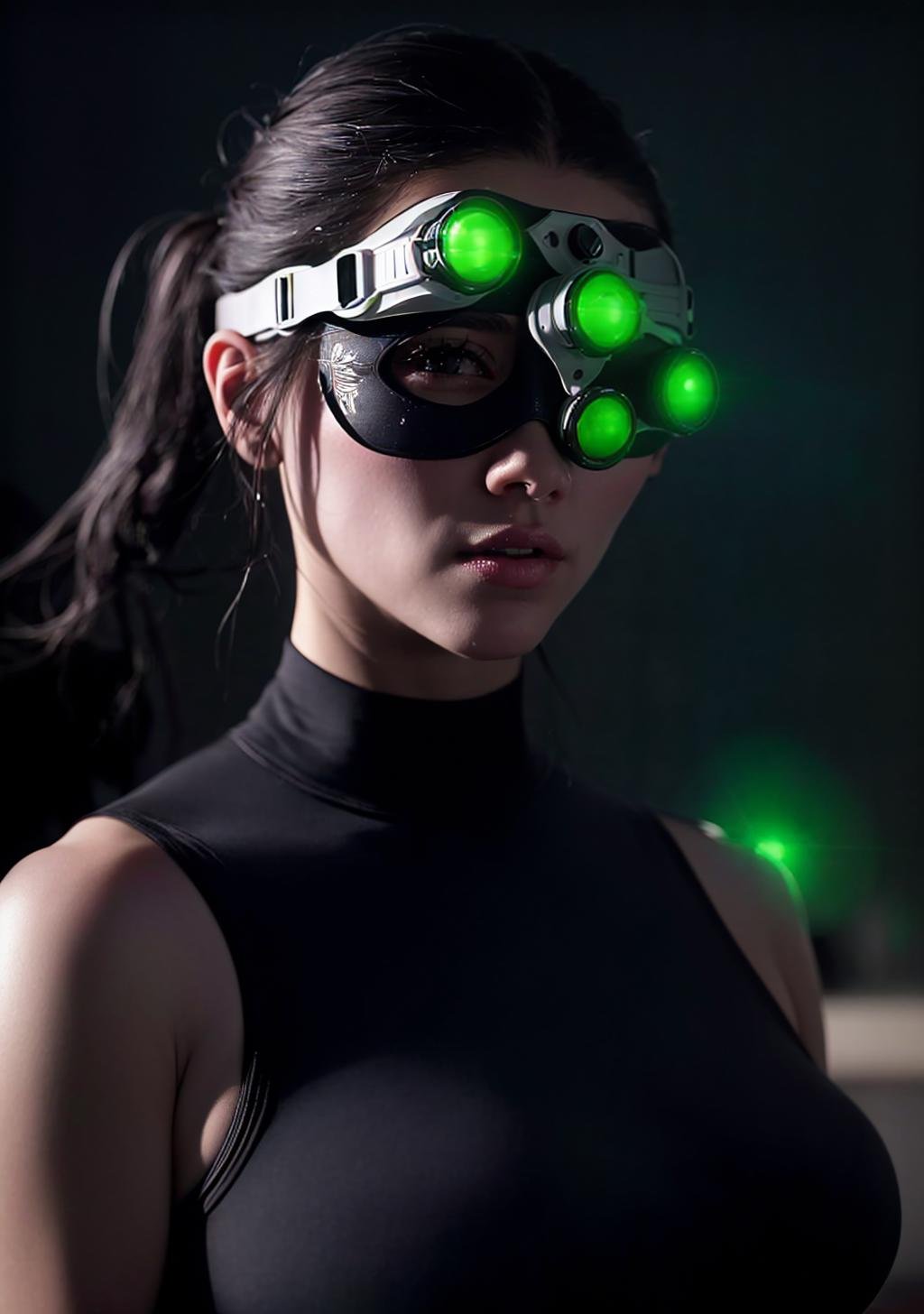 (Photo:1.3), highdetail, dark theme, rain,1girl, black hair, medium breasts, long hair, nvg, goggles, green eyes, mouth mask, mask, ((glowing)), glowing eyes, solo, ((upper body, face and shoulder portait)), <lora:NVG-10:1> <lora:LowRA:0.8> <lora:epi_noiseoffset2:0.8>, (masterpiece, best quality, absurdres, detailed, ultra-detailed:1.3)
