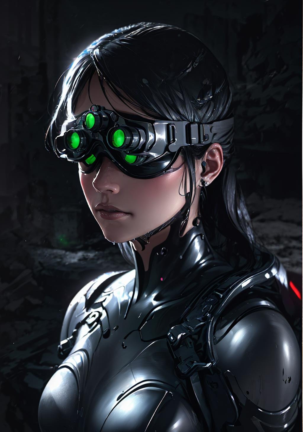 (Photo:1.3), highdetail, dark theme, rain,1girl, black hair, medium breasts, long hair, nvg, android-seams, goggles, green eyes, glowing, glowing eyes, solo, ((upper body, face and shoulder portait)), <lora:NVG-10:1> <lora:LowRA:0.8> <lora:epi_noiseoffset2:0.8> <lora:robot-seams:0.8>, (masterpiece, best quality, absurdres, detailed, ultra-detailed:1.3)