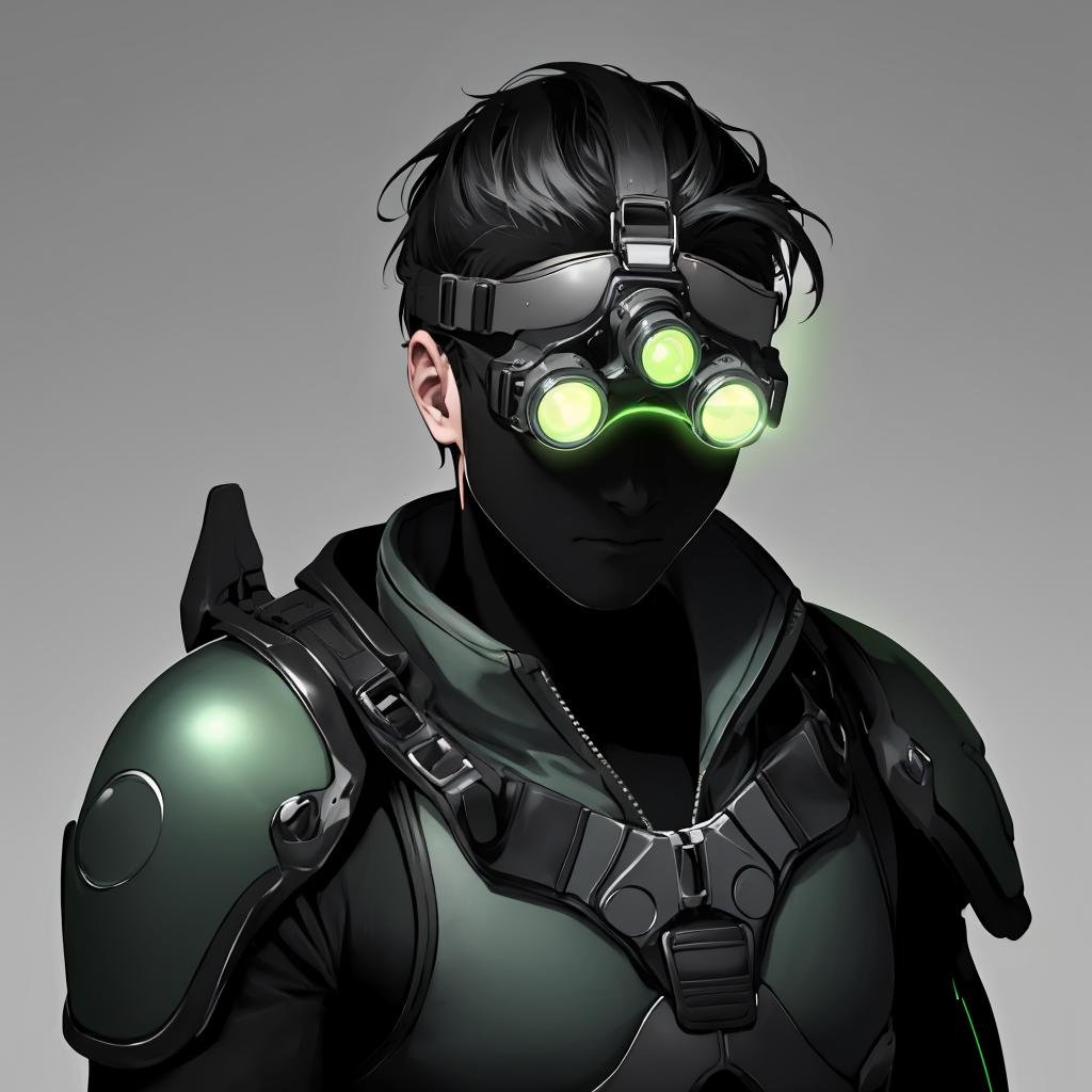 nvg, goggles on head, green eyes, glowing, glowing eyes, simple background, 1boy, solo, ((upper body, face and shoulder portait)),  <lora:NVG-10:0.8>