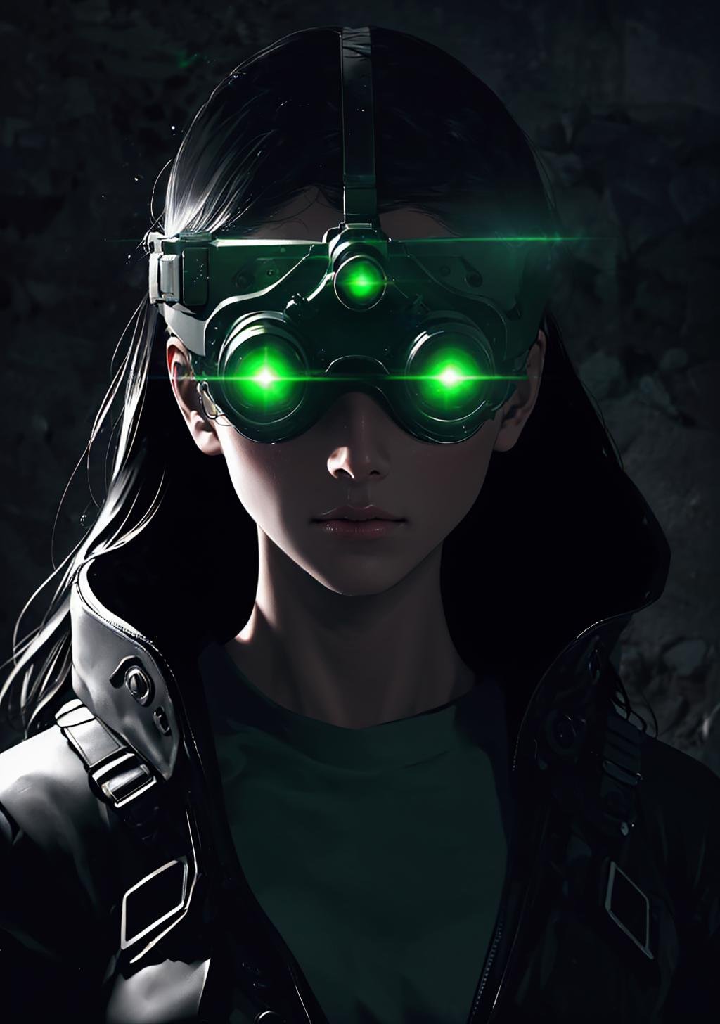 (Photo:1.3), highdetail, dark theme, rain,1girl, black hair, medium breasts, long hair, nvg, android-seams, goggles, green eyes, mouth mask, mask, ((glowing)), glowing eyes, solo, ((upper body, face and shoulder portait)), <lora:NVG-10:1> <lora:LowRA:0.8> <lora:epi_noiseoffset2:0.8>, (masterpiece, best quality, absurdres, detailed, ultra-detailed:1.3)