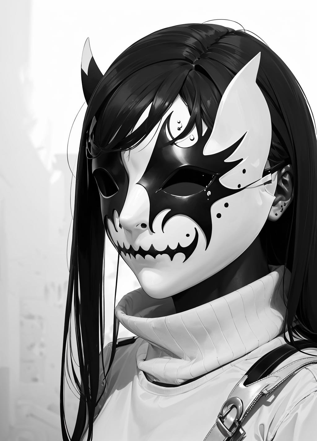 horror (theme), ((full_mask, covered mouth, no human, covered eyes, tears, monochrome)), long hair, white hair, turtleneck, ((upper body)), <lora:full_mask-05:0.8>