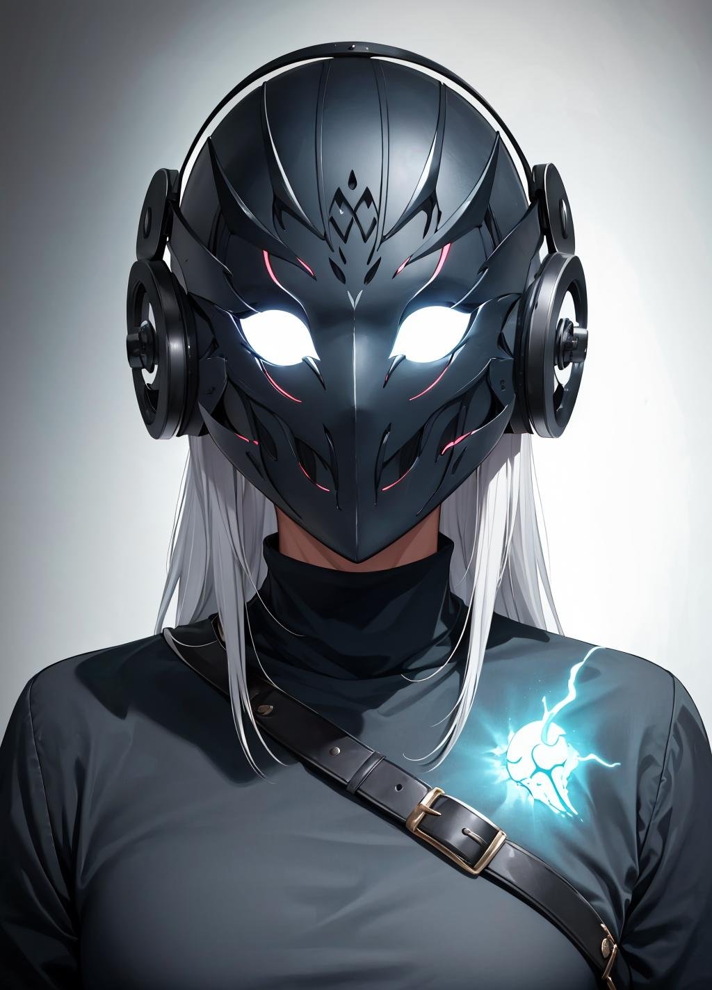 horror (theme), ((full_mask, covered mouth, no human, covered eyes, tears, glowing, scar, helmet)), long hair, white hair, turtleneck, ((upper body)), <lora:full_mask-05:0.8>