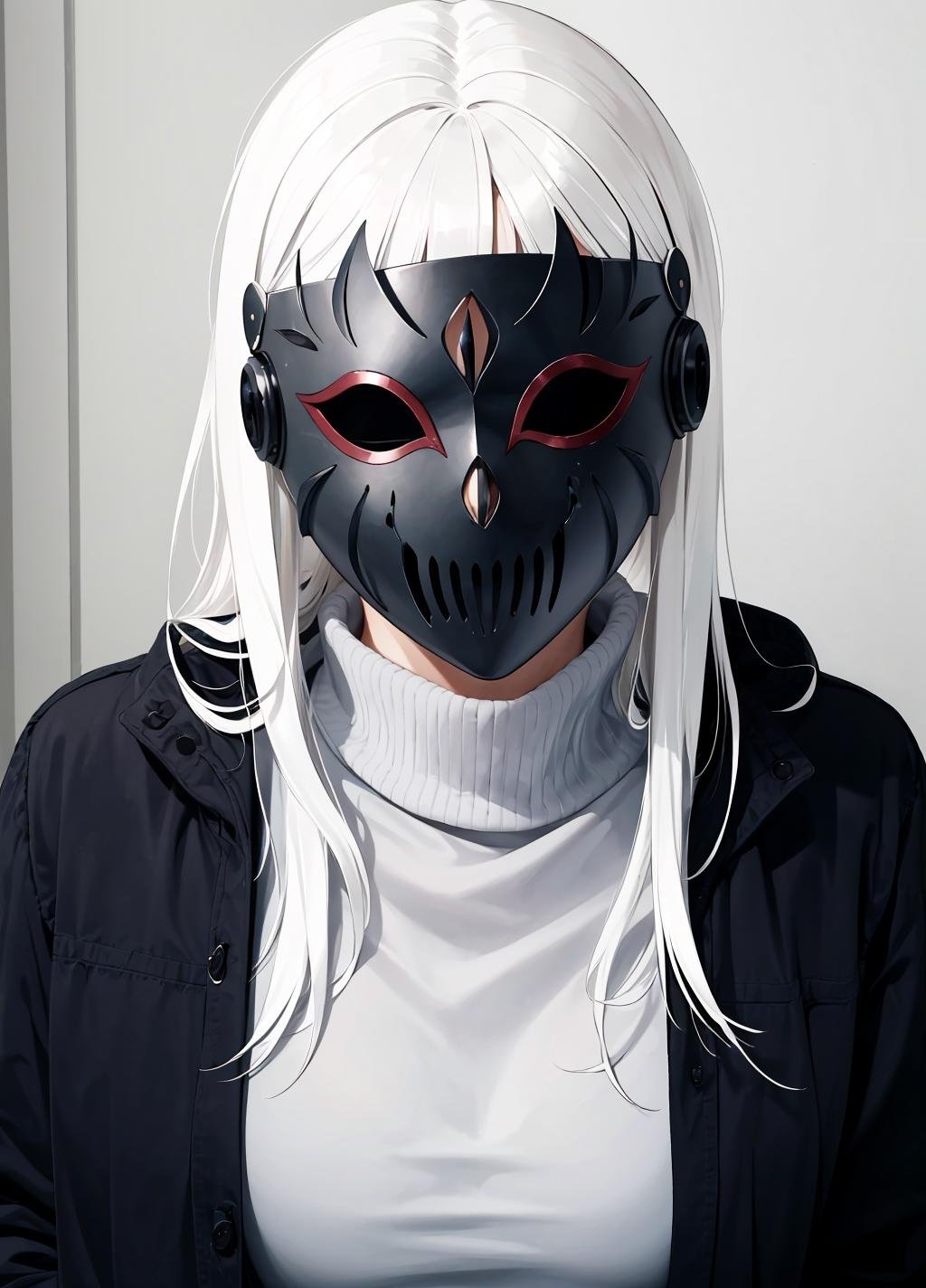 horror (theme), ((full_mask, covered mouth, no human, covered eyes)), long hair, white hair, turtleneck, ((upper body)), <lora:full_mask-05:0.8>