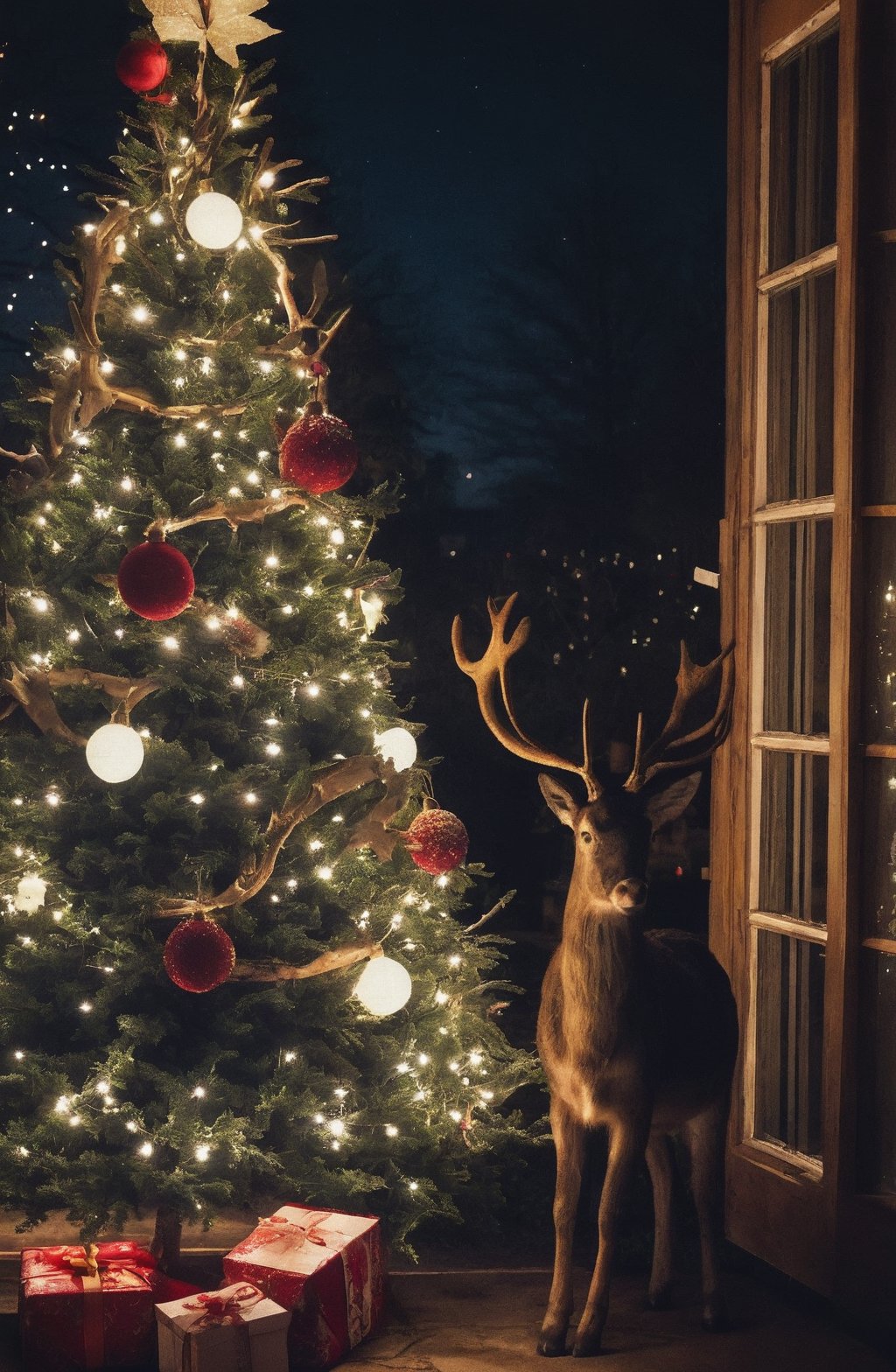 Instagram Image, Decorated tree, Atmospheric, Night, Realistic, Gifts, lights, Cinematic, Real Life, Reindeer
Animal, Santa Clause, Still Film Shot