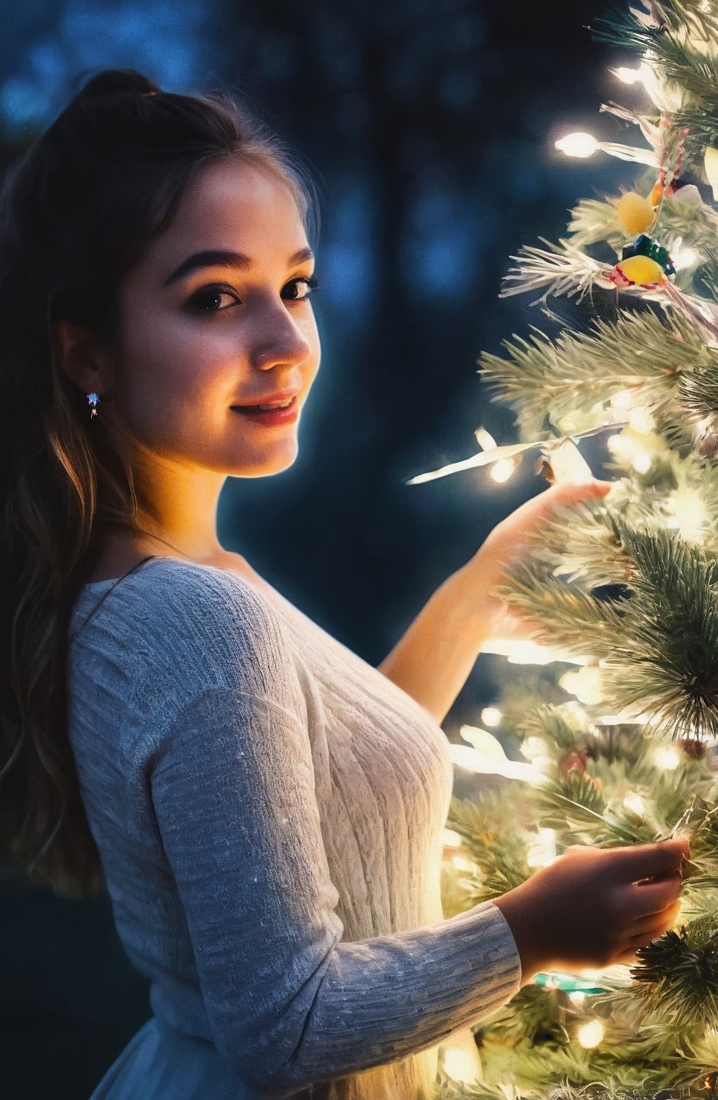 Instagram Image, Decorated tree, Atmospheric, Night, Realistic, Gifts, lights, Hot girl