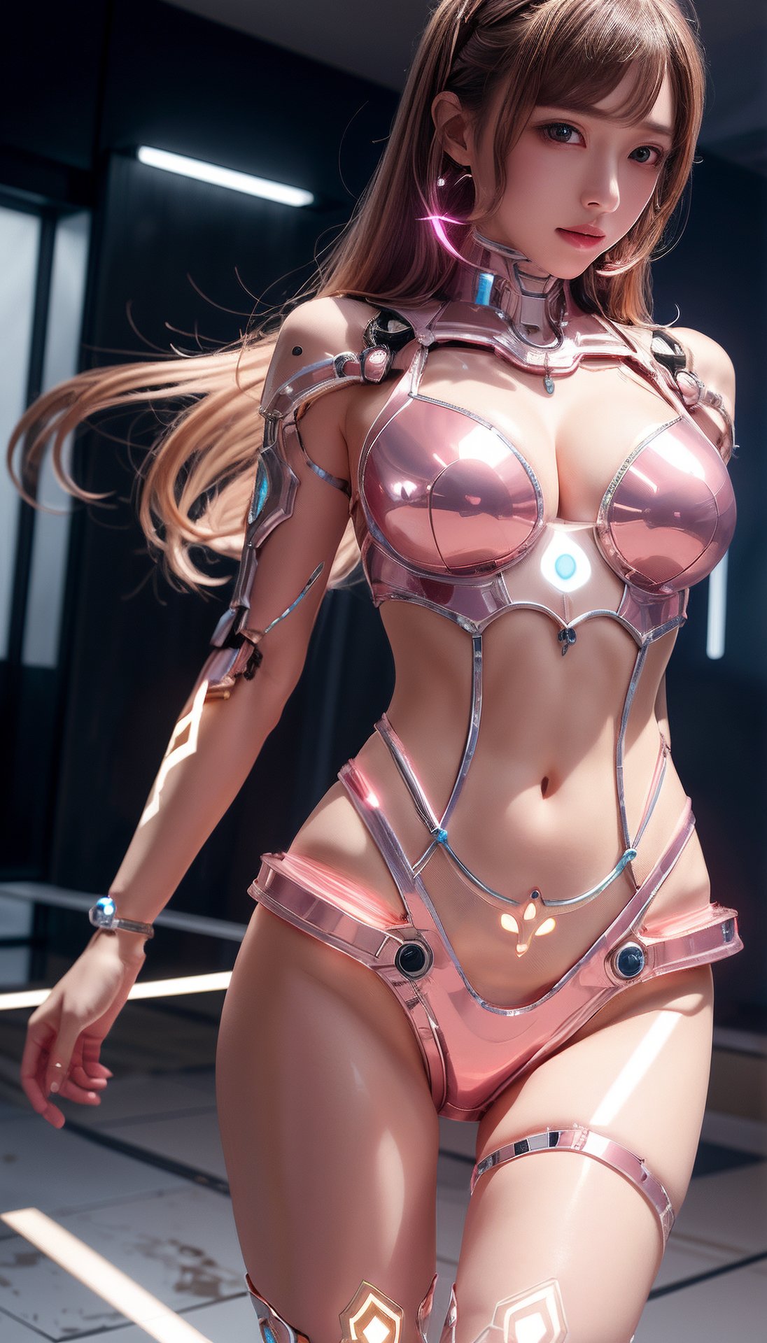 (best quality, masterpiece:1.2),ultra detailed,(photo realistic:1.4),solo,cute_girl,(((body illumination:1.5))),sexaroid_of_mechagirl,(pink metallic body:1.3)