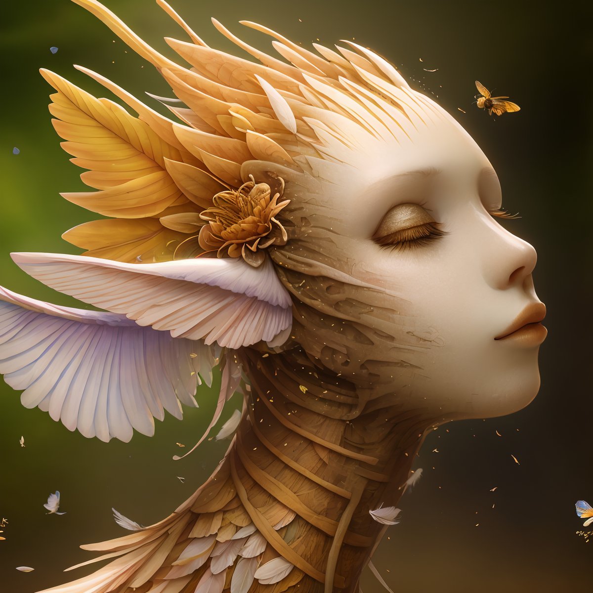 Head morphing into flower, masterpiece, feathers, waterfall, sunshine, flying bees, highly detailed, hyperrealistic, 8k <lora:AIDA_NH_humans:1.15>