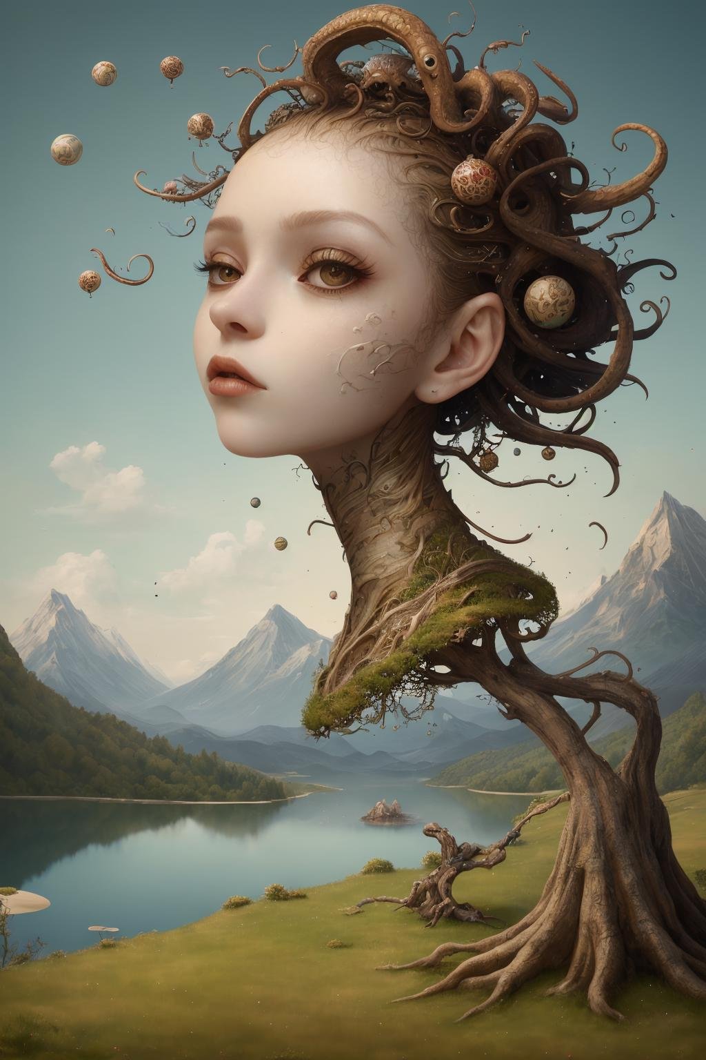 (masterpiece, hi resolution, hd wallpaper, extra resolution, best quality, intricate details:1.3), a head flying in the sky and turning into octopus with squids instead of hair, pretty face, big eyes with elegant eyelashes, surrealistic landscape with a grassy area and a lake on the foreground and trees and mountain on the background, abstract shapes and dead black tree growing on the head while head flying in the sky, liquid flash, balls, artwork by AIDA_NH_humans, surrealistic portrait in style of AIDA_NH_humans <lora:AIDA_NH_humans:0.52>