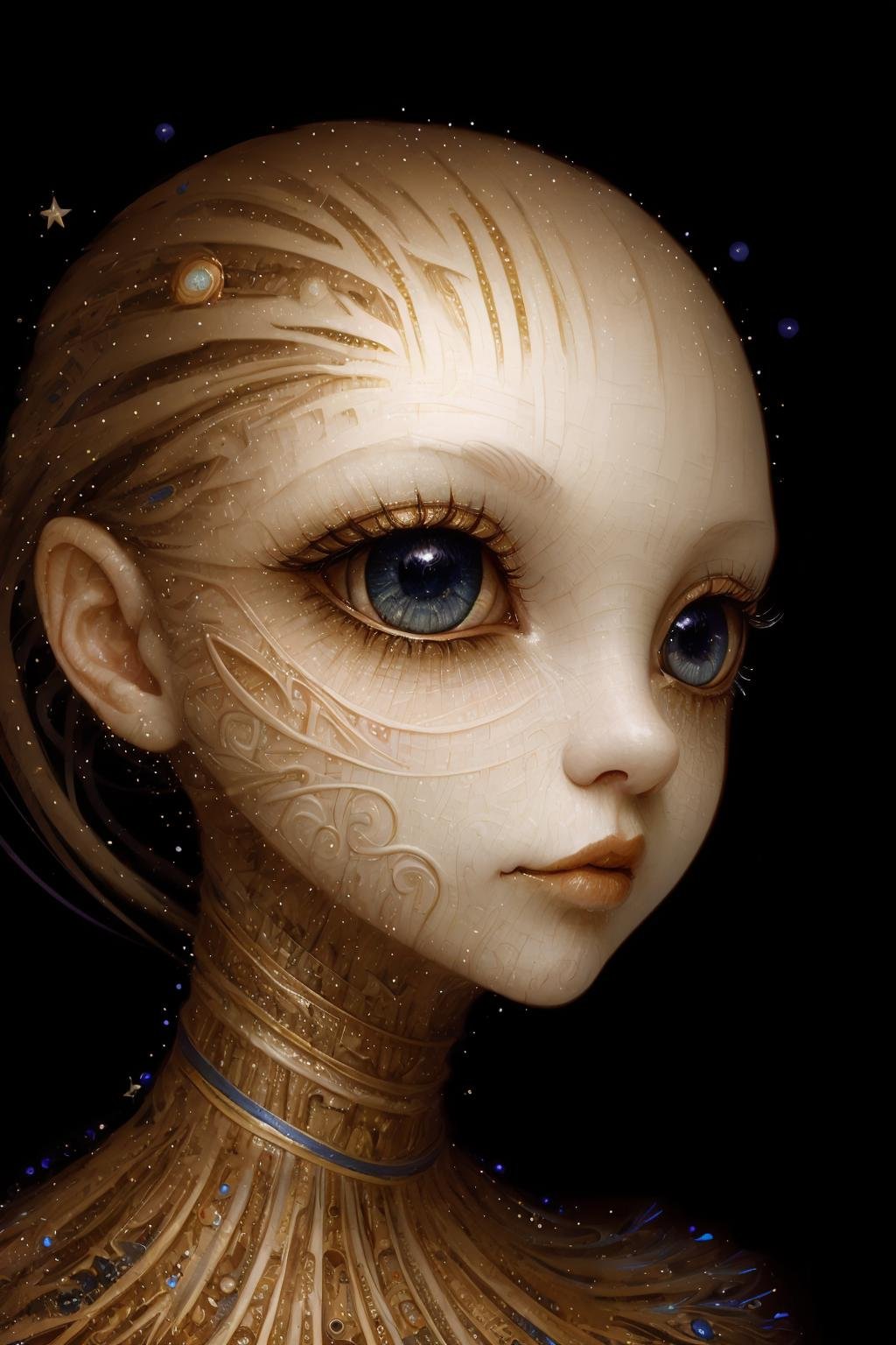 (masterpiece, hi resolution, hd wallpaper, extra resolution, best quality, intricate details:1.3), a woman's face flying in the black void, edges of face disappearing turning into ribbons and light particles, bald, further, skin turning into ribbons and paper cuts, black background, isolated on black, starry sky, liquid flash, balls, (pretty face:1.3), (big eyes with elegant eyelashes:1.3), galaxy in eyes, artwork by AIDA_NH_humans, surrealistic portrait in style of AIDA_NH_humans <lora:AIDA_NH_humans:0.88>