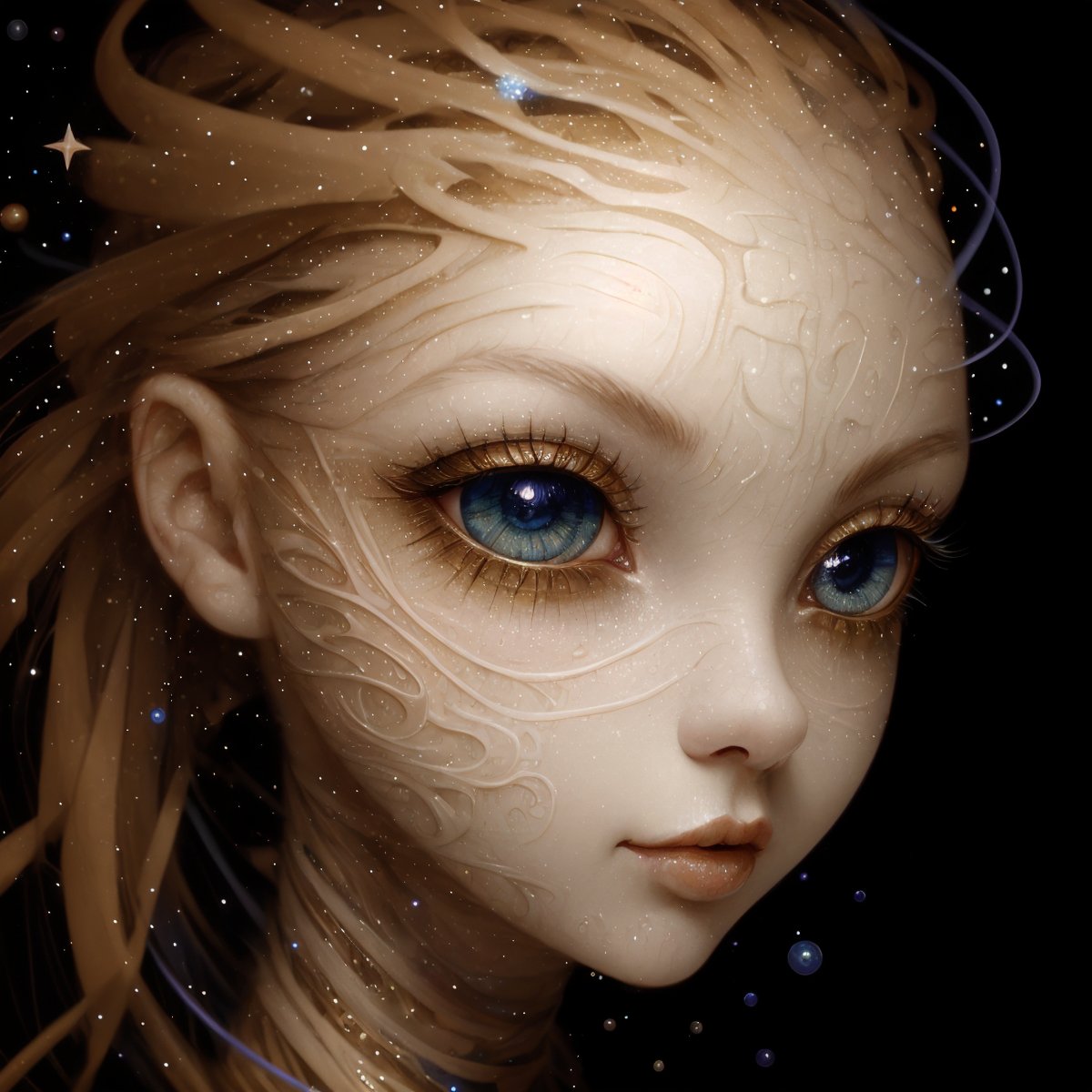 (masterpiece, hi resolution, hd wallpaper, extra resolution, best quality, intricate details:1.3), a woman's face flying in the black void, edges of face disappearing turning into ribbons and light particles, bald, further, skin turning into ribbons and paper cuts, black background, isolated on black, starry sky, liquid flash, balls, (pretty face:1.3), (big eyes with elegant eyelashes:1.3), galaxy in eyes, artwork by AIDA_NH_humans, surrealistic portrait in style of AIDA_NH_humans <lora:AIDA_NH_humans:0.98>