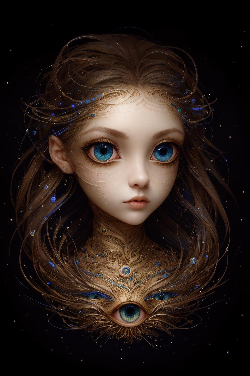 (masterpiece, hi resolution, hd wallpaper, extra resolution, best quality, intricate details:1.3), a woman's head flying in the black void, further, skin turning into ribbons and paper cuts, ribbons instead of hair, black background, isolated on black, starry sky, liquid flash, balls, (pretty face:1.3), (big eyes with elegant eyelashes:1.3), galaxy in eyes, artwork by AIDA_NH_humans, surrealistic portrait in style of AIDA_NH_humans <lora:AIDA_NH_humans:0.58>