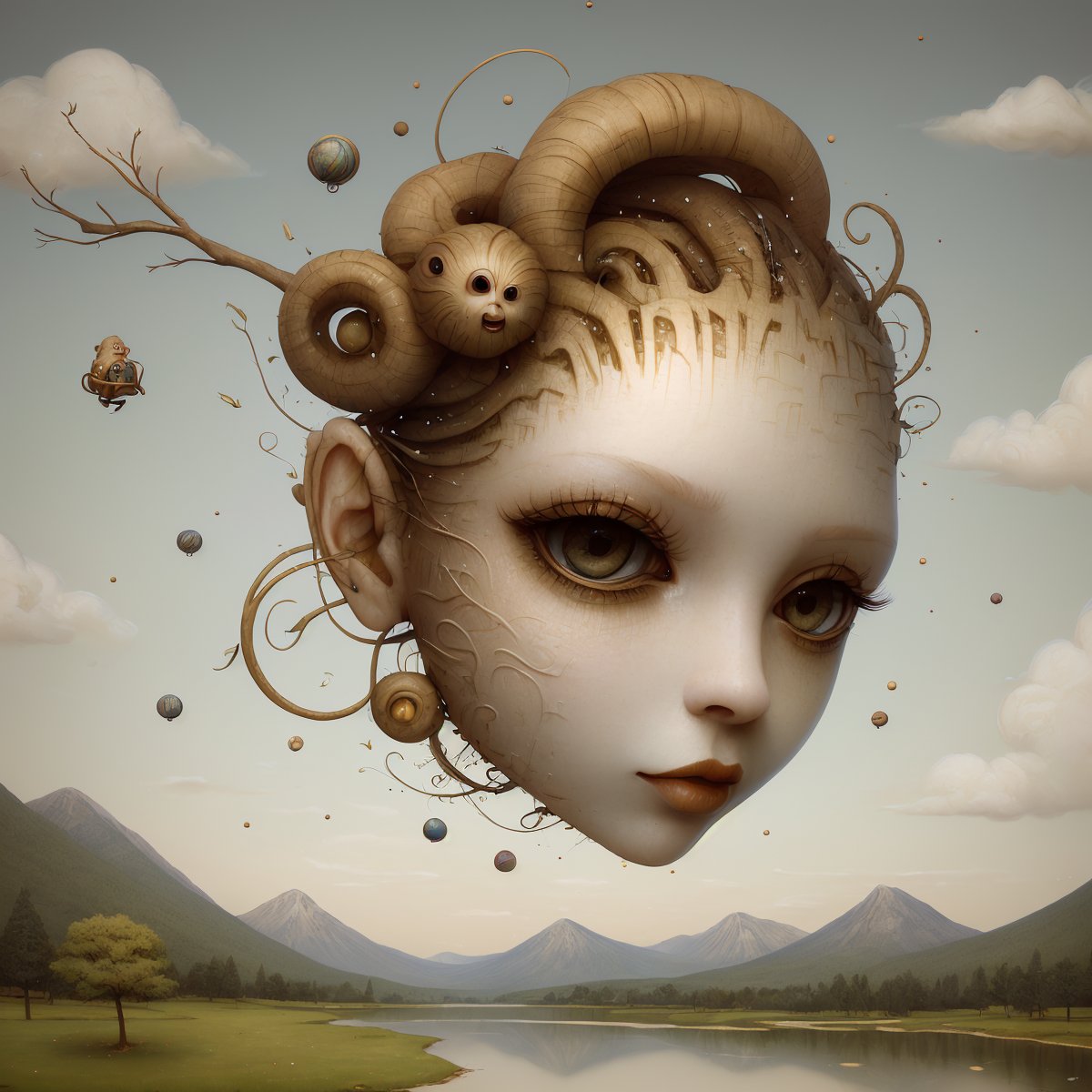 (masterpiece, hi resolution, hd wallpaper, extra resolution, best quality, intricate details:1.3), a head flying in the sky and turning into octopus with squids instead of hair, pretty face, big eyes with elegant eyelashes, surrealistic landscape with a grassy area and a lake on the foreground and trees and mountain on the background, abstract shapes and dead black tree growing on the head while head flying in the sky, liquid flash, balls, artwork by AIDA_NH_humans, surrealistic portrait in style of AIDA_NH_humans <lora:AIDA_NH_humans:1.04>