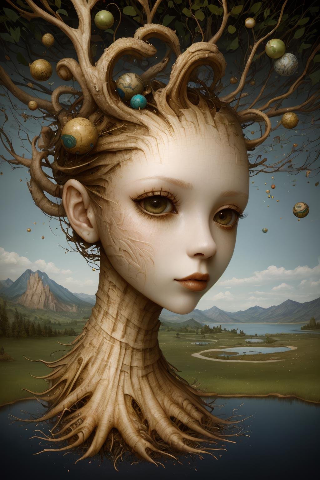 (masterpiece, hi resolution, hd wallpaper, extra resolution, best quality, intricate details:1.3), a head flying in the sky and turning into octopus with squids instead of hair, pretty face, big eyes with elegant eyelashes, surrealistic landscape with a grassy area and a lake on the foreground and trees and mountain on the background, abstract shapes and dead black tree growing on the head while head flying in the sky, liquid flash, balls, artwork by AIDA_NH_humans, surrealistic portrait in style of AIDA_NH_humans <lora:AIDA_NH_humans:0.86>