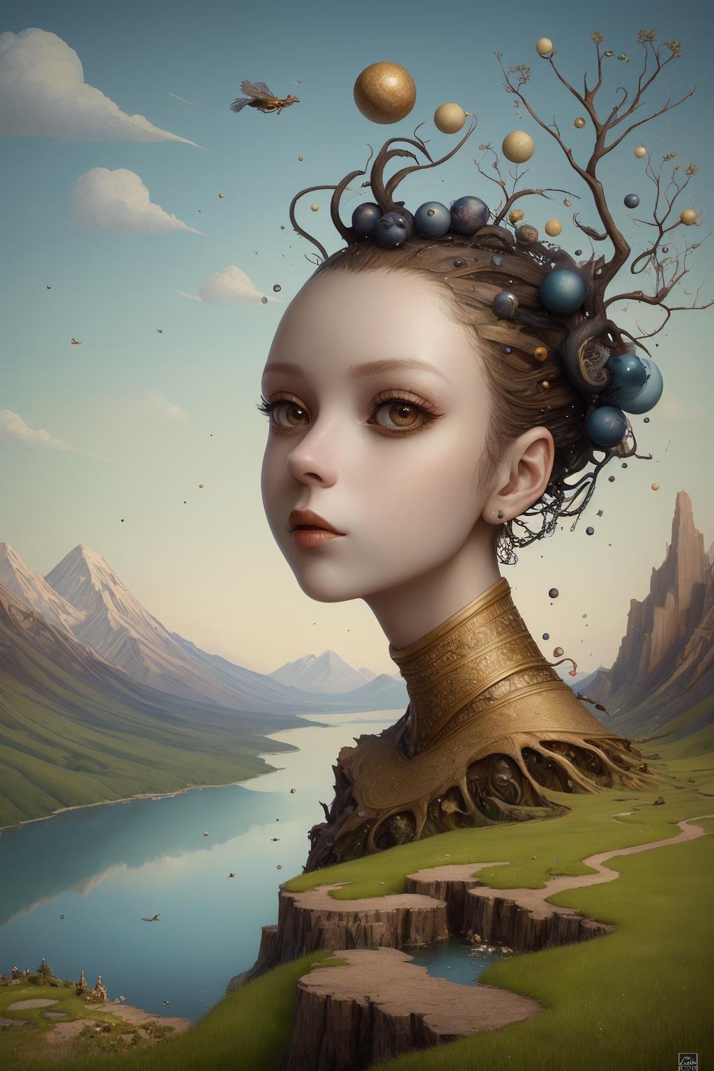 (masterpiece, hi resolution, hd wallpaper, extra resolution, best quality, intricate details:1.3), a head flying in the sky and turning into octopus with squids instead of hair, pretty face, big eyes with elegant eyelashes, surrealistic landscape with a grassy area and a lake on the foreground and trees and mountain on the background, abstract shapes and dead black tree growing on the head while head flying in the sky, liquid flash, balls, artwork by AIDA_NH_humans, surrealistic portrait in style of AIDA_NH_humans <lora:AIDA_NH_humans:0.61>