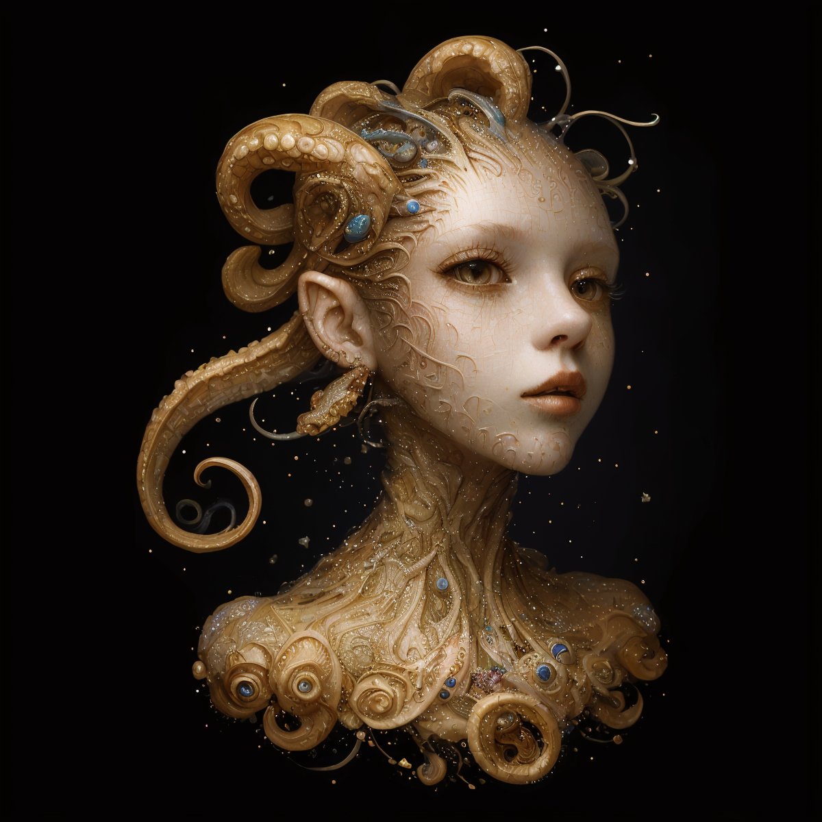 (masterpiece, hi resolution, hd wallpaper, extra resolution, best quality, intricate details:1.3), a head flying in the black void and turning into octopus with squids instead of hair, black background, isolated on black, starry sky, liquid flash, balls, artwork by AIDA_NH_humans, surrealistic portrait in style of AIDA_NH_humans <lora:AIDA_NH_humans:0.64>
