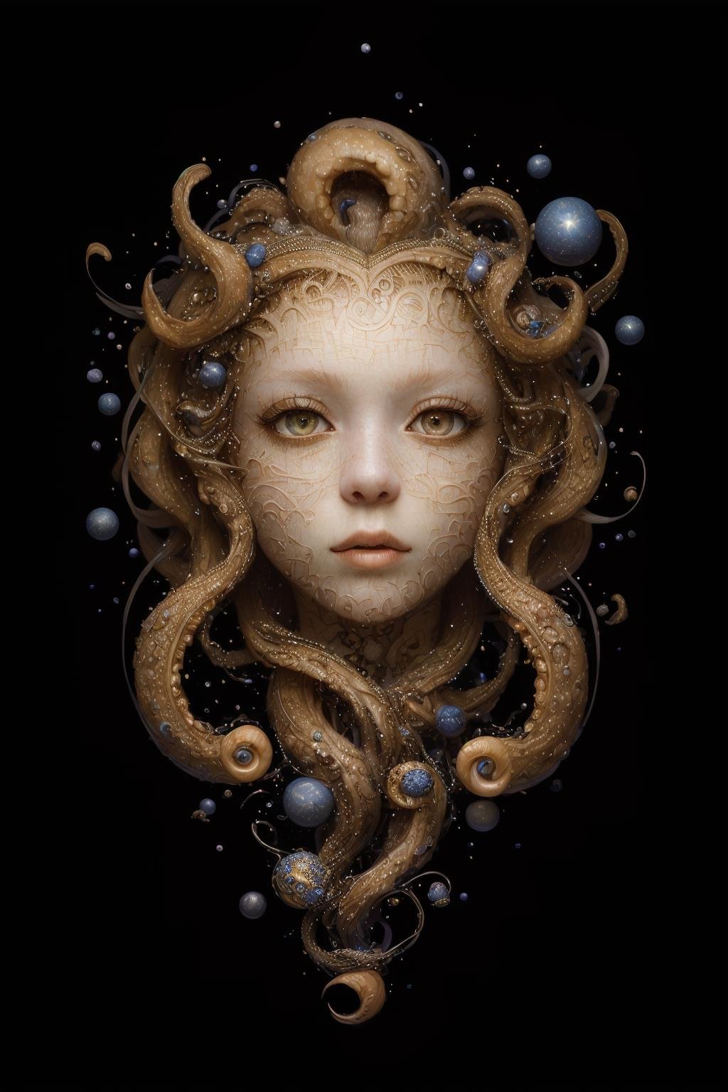 (masterpiece, hi resolution, hd wallpaper, extra resolution, best quality, intricate details:1.3), a head flying in the black void and turning into octopus with squids instead of hair, black background, isolated on black, starry sky, liquid flash, balls, artwork by AIDA_NH_humans, surrealistic portrait in style of AIDA_NH_humans <lora:AIDA_NH_humans:0.85>