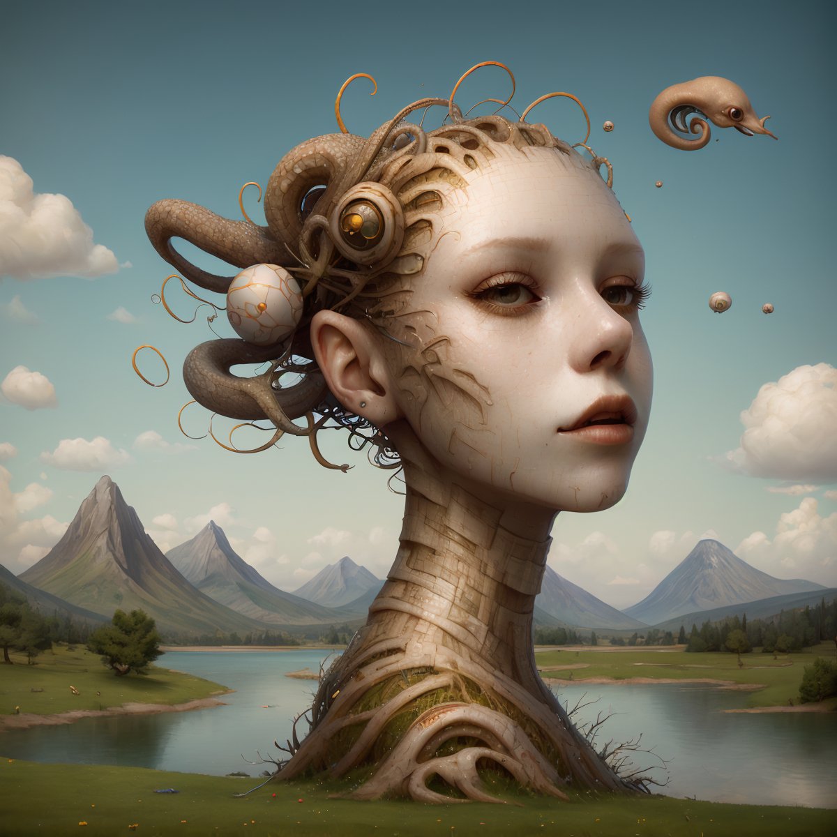 a head flying in the sky and turning into octopus with squids instead of hair, surrealistic landscape with a grassy area and a lake on the foreground and trees and mountain on the background, abstract shapes and dead black tree growing on the head while head flying in the sky, liquid flash, balls, 3D artwork by AIDA_NH_humans, surrealistic portrait in style of AIDA_NH_humans <lora:AIDA_NH_humans:0.87>, oil painting, impressionism, cyberpunk, kkw-ph1, isometric_dreams