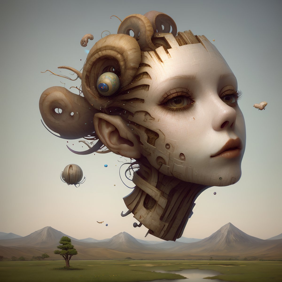 a head flying in the sky and turning into octopus with squids instead of hair, surrealistic landscape with a grassy area and a lake on the foreground and trees and mountain on the background, abstract shapes and dead black tree growing on the head while head flying in the sky, liquid flash, balls, 3D artwork by AIDA_NH_humans, surrealistic portrait in style of AIDA_NH_humans <lora:AIDA_NH_humans:1.15>, oil painting, impressionism, cyberpunk, kkw-ph1, isometric_dreams