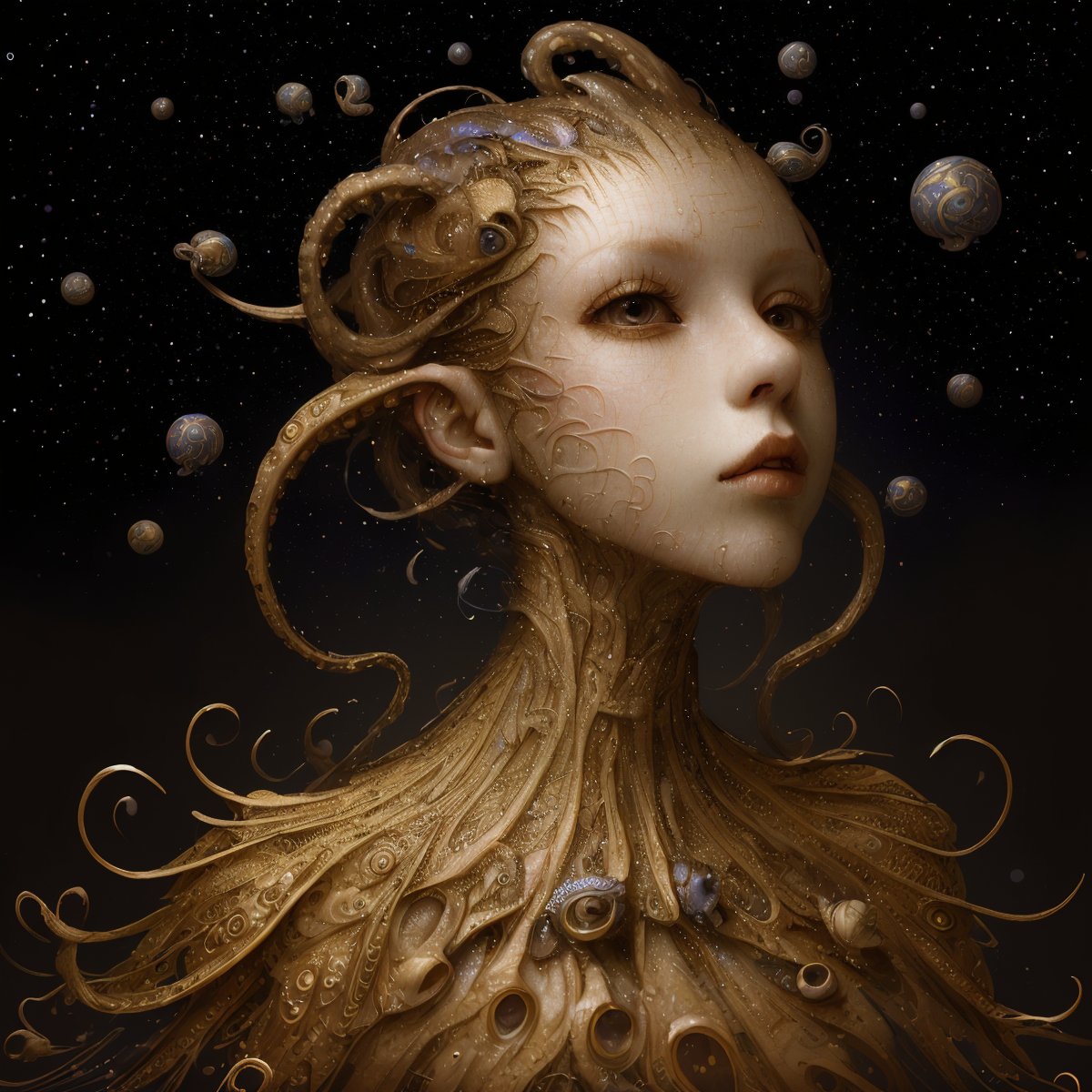 (masterpiece, hi resolution, hd wallpaper, extra resolution, best quality, intricate details:1.3), a head flying in the black void and turning into octopus with squids instead of hair, black background, isolated on black, starry sky, liquid flash, balls, artwork by AIDA_NH_humans, surrealistic portrait in style of AIDA_NH_humans <lora:AIDA_NH_humans:0.72>