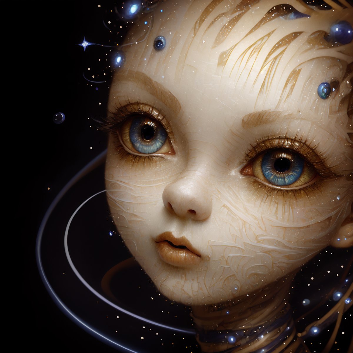 (masterpiece, hi resolution, hd wallpaper, extra resolution, best quality, intricate details:1.3), a woman's face flying in the black void, edges of face disappearing turning into ribbons and light particles, bald, further, skin turning into ribbons and paper cuts, black background, isolated on black, starry sky, liquid flash, balls, (pretty face:1.3), (big eyes with elegant eyelashes:1.3), galaxy in eyes, artwork by AIDA_NH_humans, surrealistic portrait in style of AIDA_NH_humans <lora:AIDA_NH_humans:0.78>