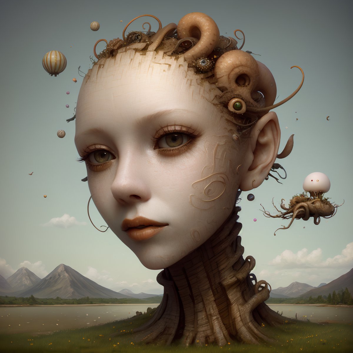 a head flying in the sky and turning into octopus with squids instead of hair, surrealistic landscape with a grassy area and a lake on the foreground and trees and mountain on the background, abstract shapes and dead black tree growing on the head while head flying in the sky, liquid flash, balls, 3D artwork by AIDA_NH_humans, surrealistic portrait in style of AIDA_NH_humans <lora:AIDA_NH_humans:0.52>, oil painting, impressionism, cyberpunk, kkw-ph1, isometric_dreams